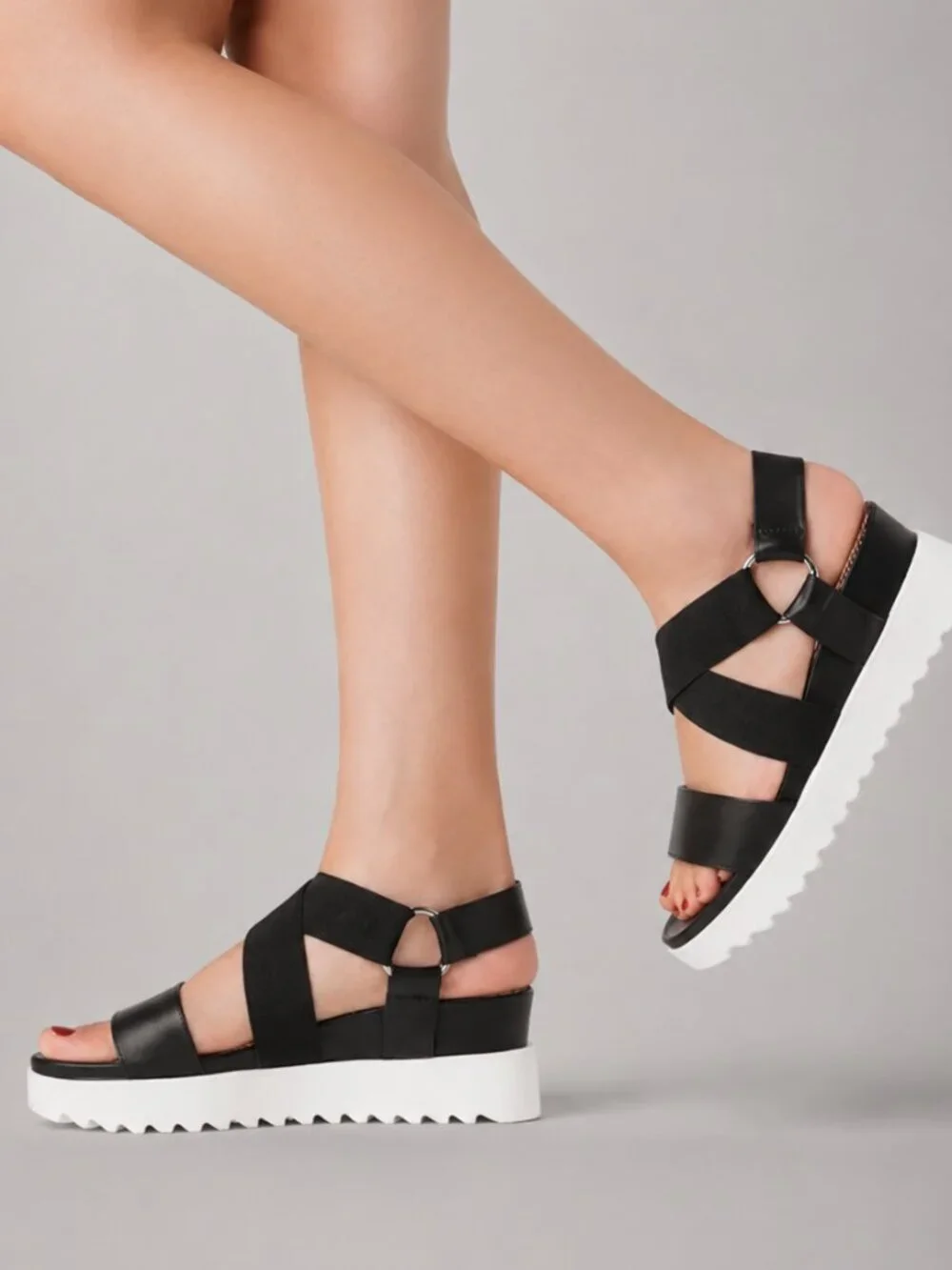 DREAM PAIRS Charlie Black White Light Ankle Strap Platform Wedge Sandals 7.5 EUC